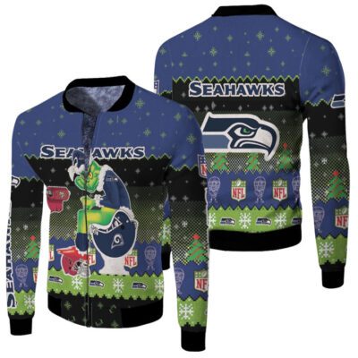 Santa Grinch Seattle Seahawks Sitting on Rams 49ers Cardinals Toilet Christmas Gift For Seahawks Fans Fleece Bomber Jacket