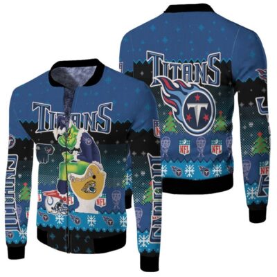 Santa Grinch Tennessee Titans Sitting on Jaguars Texans Colts Toilet Christmas Gift For Titans Fans Fleece Bomber Jacket