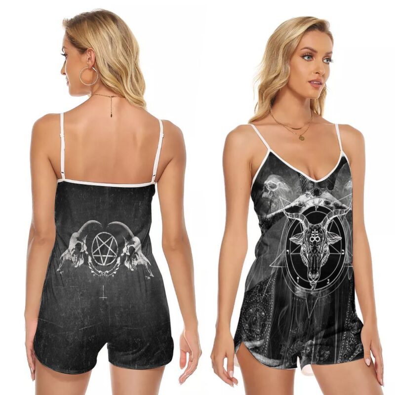 Satan Pentagram Goat Death Spirit Devil Symbol Gift For Satan Devil Fans Culture Religiou Enthusiasts V-neck Romper Jumpsuit RJ00687