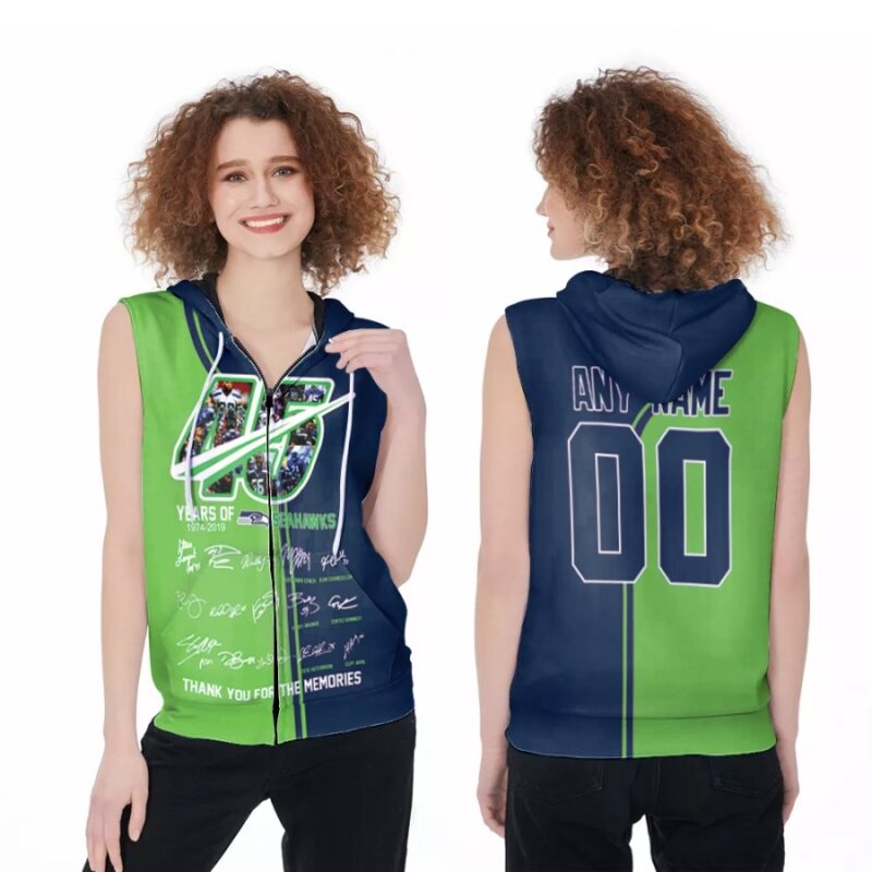 Seattle Seahawks 45 Years Of 1974 2019 Thank You For The Memories Signed NFL 3D Custom Name Number For Seahawks Fans Zip Sleeveless Hoodie ZSH1970