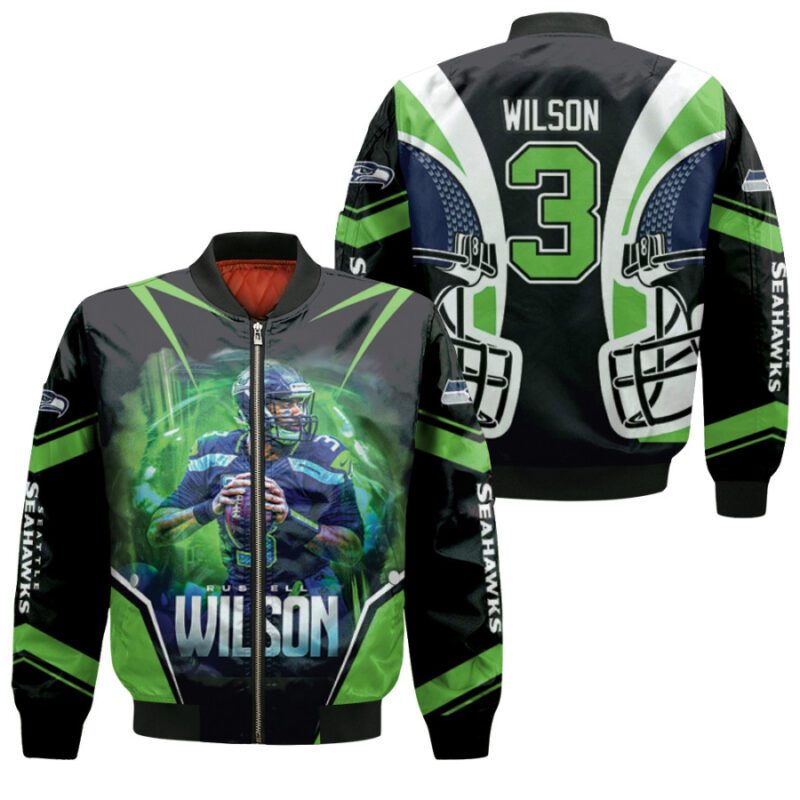 Seattle Seahawks Russell Wilson 3 Green Jersey Style Gift For Seahawks Fans Wilson Fans Bomber Jacket BJ00202