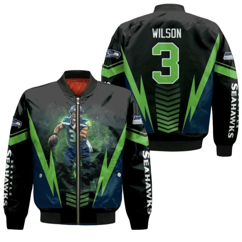 Seattle Seahawks Russell Wilson 3 NFL Team Black Jersey Style Gift For Seattle Seahawks Fans Wilson Fans Bomber Jacket BJ00384