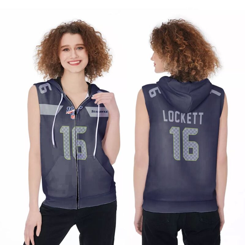 Seattle Seahawks Tyler Lockett #16 NFL American Football Navy 100th Season 3D Designed Allover Gift For Seahawks Fans Zip Sleeveless Hoodie ZSH0319