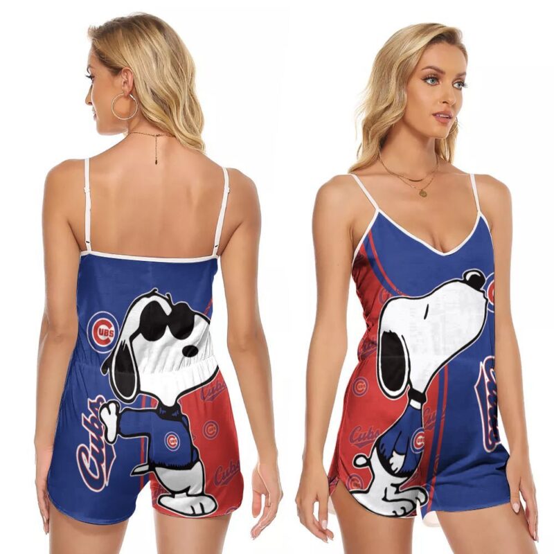 Snoopy Kiss Chicago Cubs Logo 3D Designed For Chicago Cubs Snoopy Fans Chicago Cubs Snoopy Lovers V-neck Romper Jumpsuit RJ00949