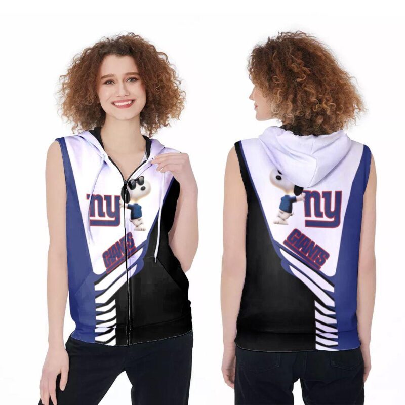 Snoopy Leans On New York Giants Logo 3D Designed For New York Giants Fans New York Giants Lovers Zip Sleeveless Hoodie ZSH1413