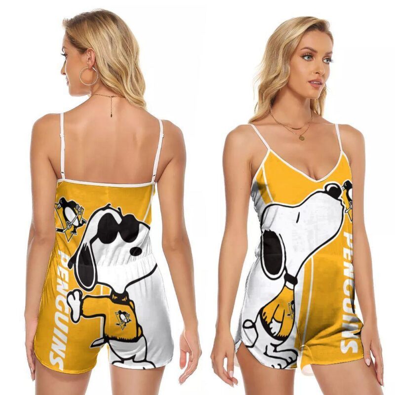 Snoopy kiss Pittsburgh Penguins logo 3d designed for Pittsburgh Penguins snoopy fan V-neck Romper Jumpsuit RJ00616