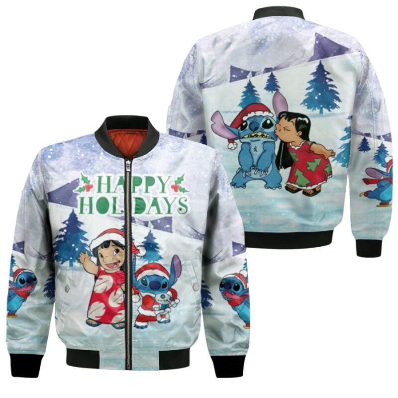 Stitch Christmas Happy Holidays Lilo Together Light Blue Gift For Stitch Fans Christmas Fans Bomber Jacket BJ01474