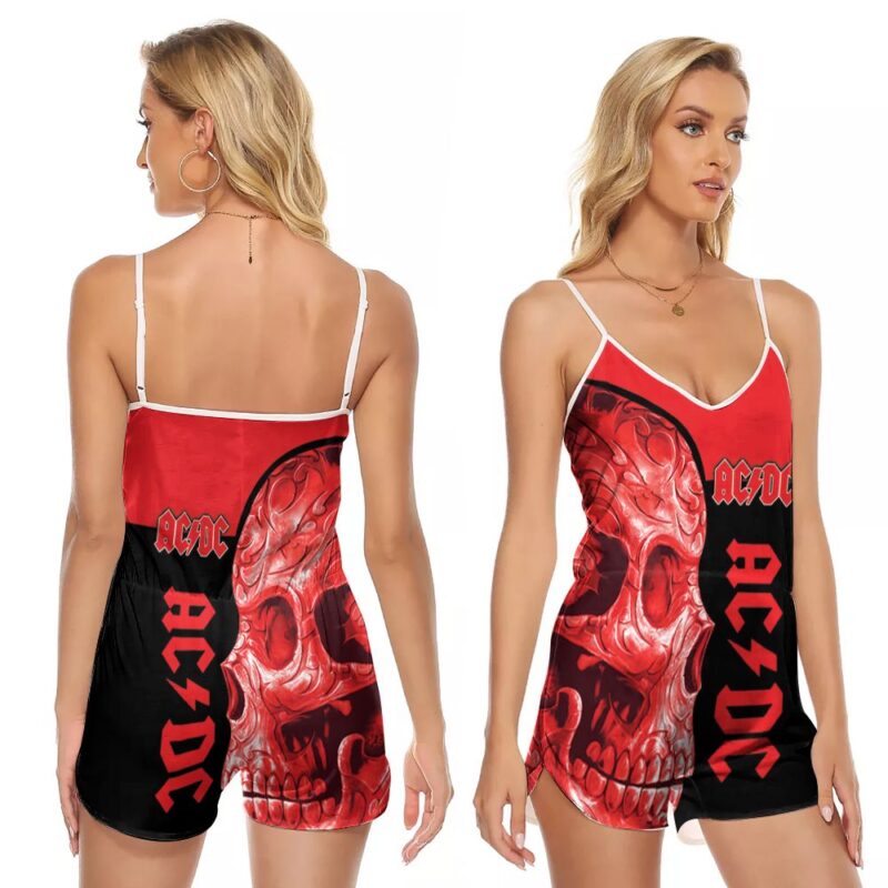 Sugar Skull Acdc Legend Rock Band Flower Pattern 3d designed for Acdc fans V-neck Romper Jumpsuit RJ00620