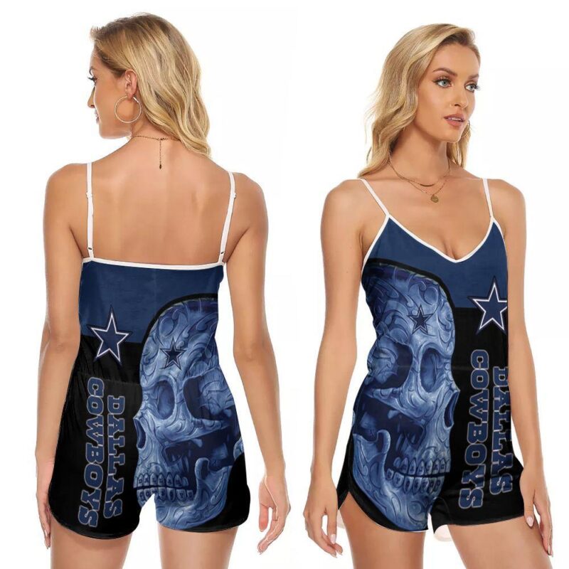 Sugar Skull Dallas Cowboys Nfl Flower Pattern 3d designed for Dallas Cowboys fan V-neck Romper Jumpsuit RJ00582
