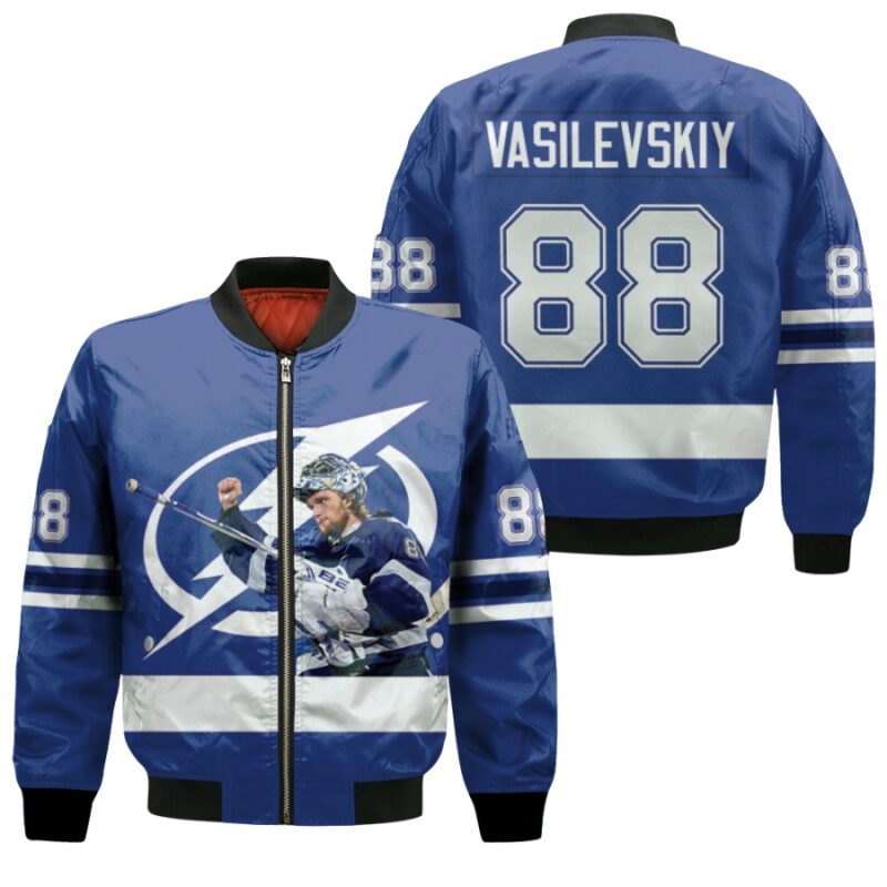 Tampa Bay Lightning Andrei Vasilevskiy 88 NHL Team Stanley Cup Final Blue Jersey Gift for Lightning Fans Bomber Jacket BJ00180