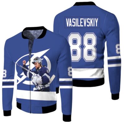 Tampa Bay Lightning Andrei Vasilevskiy 88 NHL Team Stanley Cup Final Blue Jersey Gift for Lightning Fans Fleece Bomber Jacket