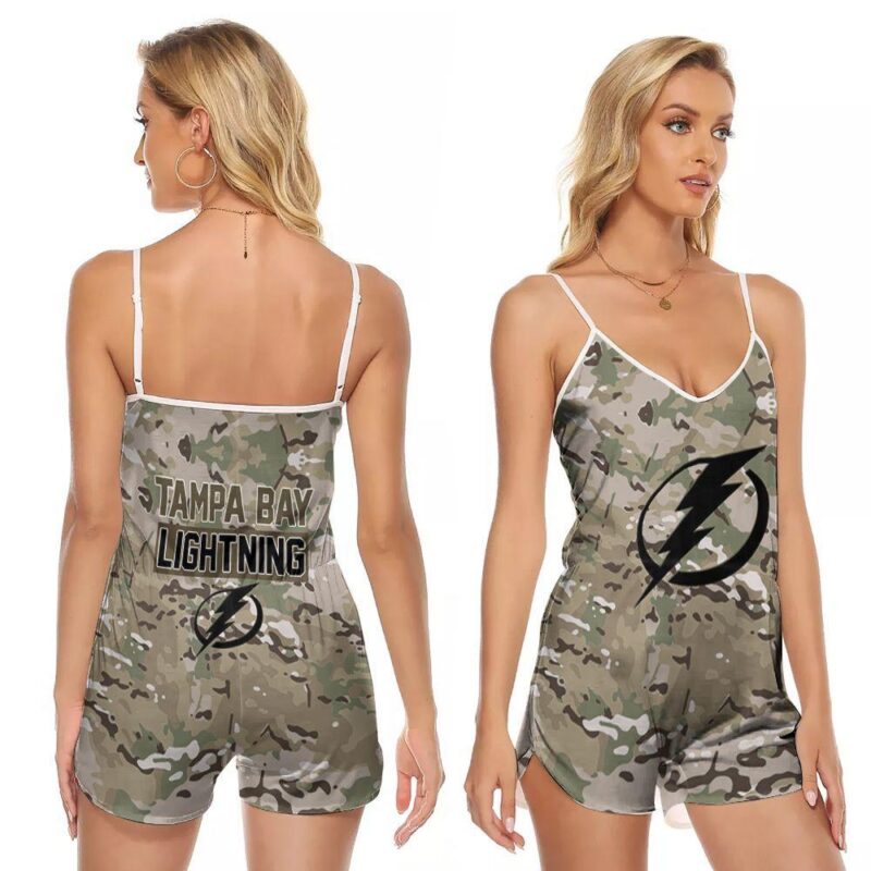 Tampa Bay Lightning Camouflage Veteran US flag 3d designed for Tampa Bay Lightning fan V-neck Romper Jumpsuit RJ00887