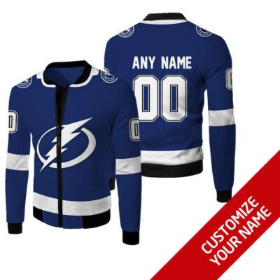 Tampa Bay Lightning Nhl Ice Hockey Team 3D Blue Jersey Style Gift With Custom Number Name For Lightning Fans Fleece Bomber Jacket