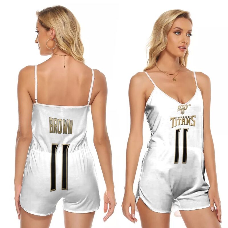 Tennessee Titans A. J. Brown #11 NFL Great Player White 100th Season Golden Edition Gift For Titans Fans V-neck Romper Jumpsuit RJ00049