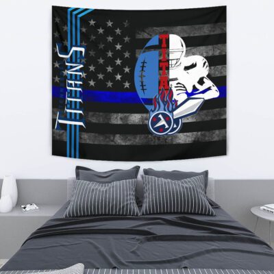 Tennessee Titans American Football Team Tapestry White Player Silhoette With Rugby Ball Black White US Flag Tapestry Wall Hanging 2