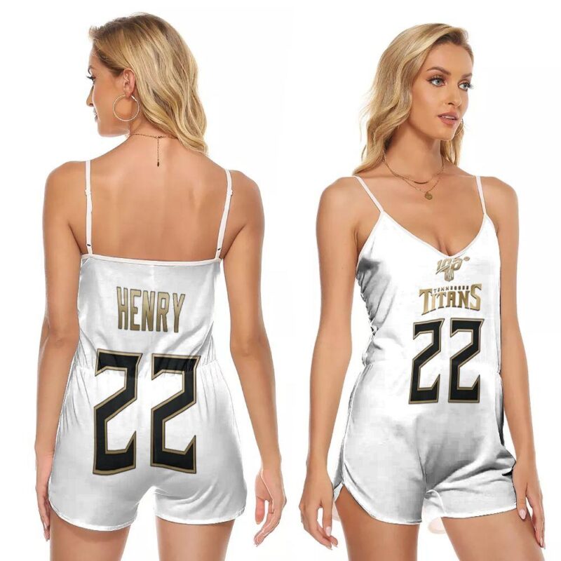Tennessee Titans Derrick Henry #22 NFL Great Player White 100th Season Golden Edition Gift For Titans Fans V-neck Romper Jumpsuit RJ00068