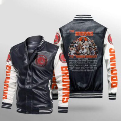 The Cleveland Browns 75th Anniversary Legends Signature Thank You For The Memories Gift For Browns Fans Leather Bomber Jacket LBJ0067