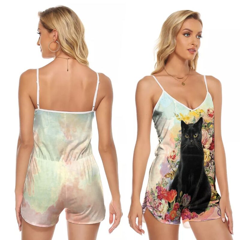 The Gorgeous Black Cat Floral Pattern Gift For Cat Lovers Floral Pattern Fans V-neck Romper Jumpsuit RJ00642