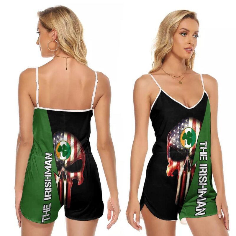 The Irishman Notre Dame Fighting Irish American Skull 3d designed for Notre Dame Fighting Irish fan V-neck Romper Jumpsuit RJ00734