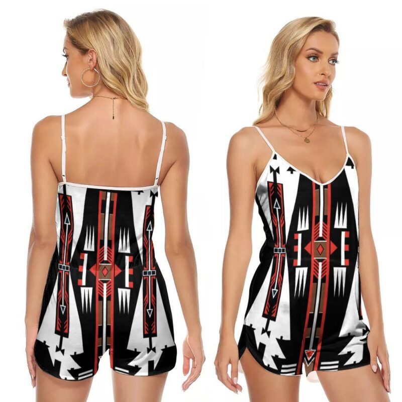The Native American Costume Pattern Red Pattern 3d designed for Native American V-neck Romper Jumpsuit RJ00573