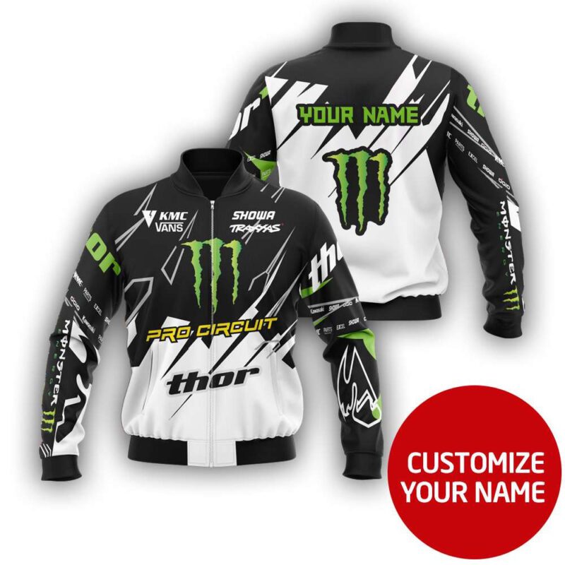 Thor Racing Monster Energy Black And White All Designed Custom Number Name Gift For Thor Racing Fans Bomber Jacket BJ03670