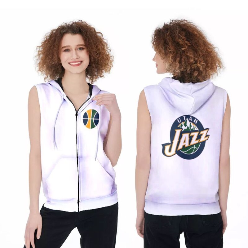 Utah Jazz Basketball Classic Mascot Logo Gift For Jazz Fans White Zip Sleeveless Hoodie ZSH1897