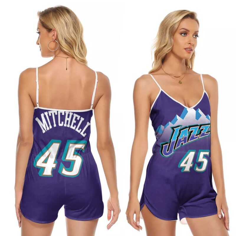 Utah Jazz Donovan Mitchell 45 NBA Hardwood Classics Finished Jersey Purple Gift For Utah Fans V-neck Romper Jumpsuit RJ01473