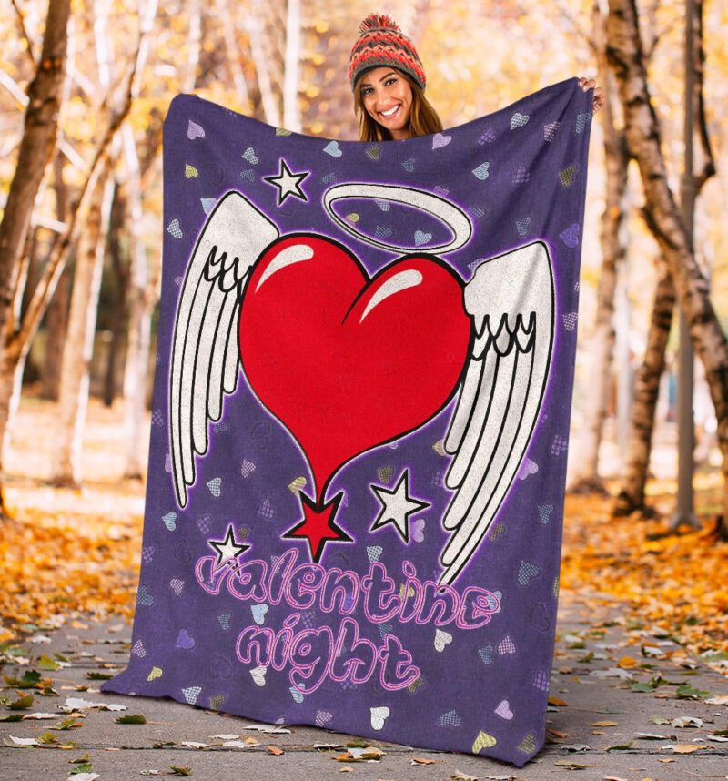 Valentine Fleece Blanket Heart Wings With Halo Romantic Valentine Night Fleece Blanket 3