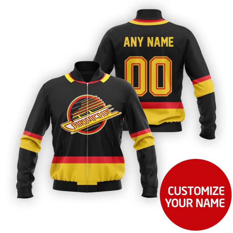 Vancouver Canucks Black Custom Number Name Gift For Canucks Fans Bomber Jacket BJ00043