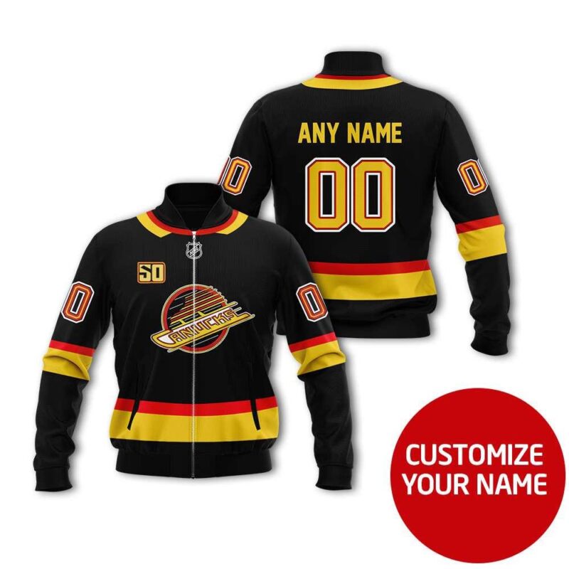 Vancouver Canucks Hockey Team Nhl Black Custom Number Name Gift For Ducks Fans Bomber Jacket BJ04069