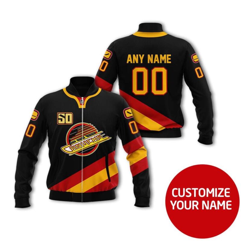 Vancouver Canucks Hockey Team Nhl Black Personalized Gift With Custom Number Name For Ducks Fans Bomber Jacket BJ03659