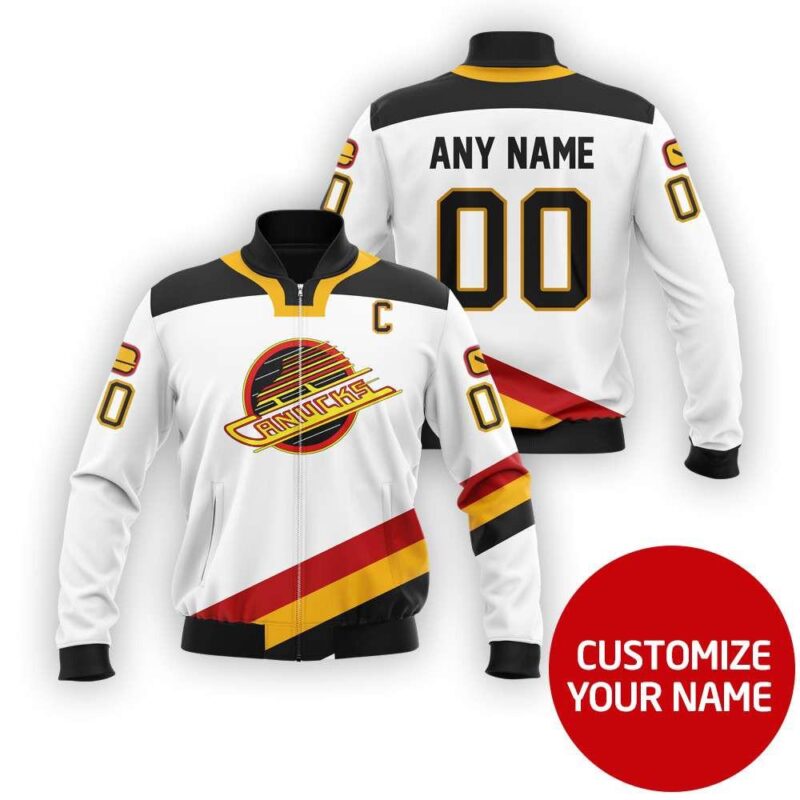 Vancouver Canucks Hockey Team Nhl White Custom Number Name Gift For Ducks Fans Bomber Jacket BJ00078