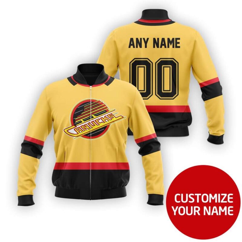 Vancouver Canucks Hockey Team Nhl Yellow And Black Custom Number Name Gift For Ducks Fans Bomber Jacket BJ04044