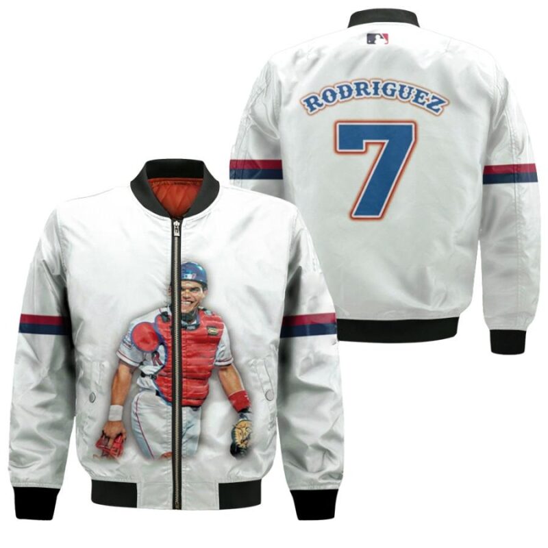 Washington Nationals Ivan Rodriguez 7 MLB Great Player White Gift For Nationals Fans Bomber Jacket BJ00482