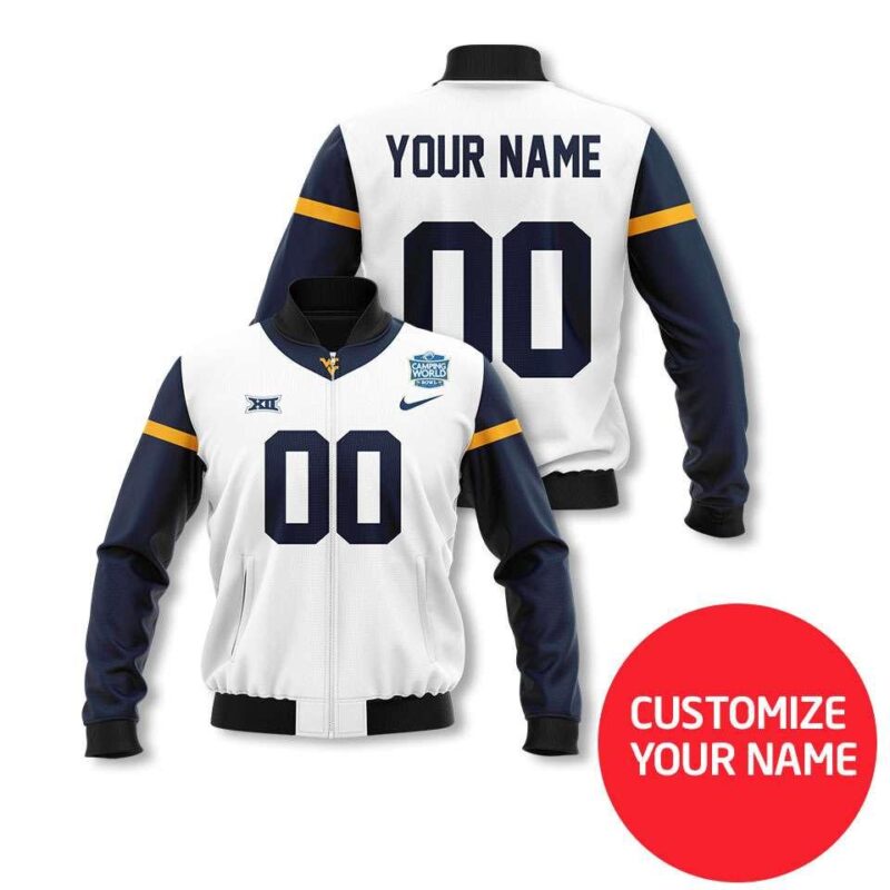 West Virginia Mountaineers #00 Personalized White Jersey Style Gift With Custom Number Name For Mountaineers Fans Bomber Jacket BJ03821