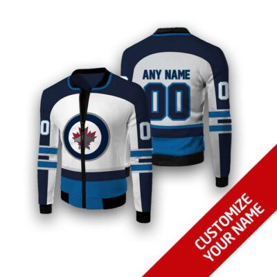 Winnipeg Jets #00 3D Personalized Polar Night Blue Silver Jersey Style Gift With Custom Number Name For Jets Fans Fleece Bomber Jacket