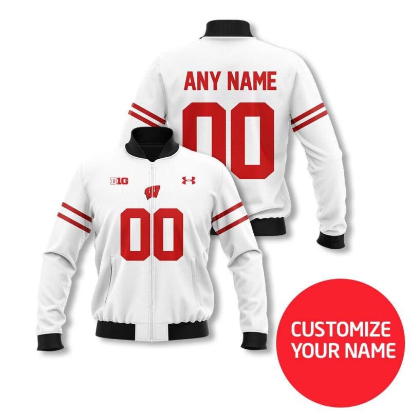 Wisconsin Badgers #00 Personalized White Jersey Style Gift With Custom Number Name For Badgers Fans Bomber Jacket BJ03956