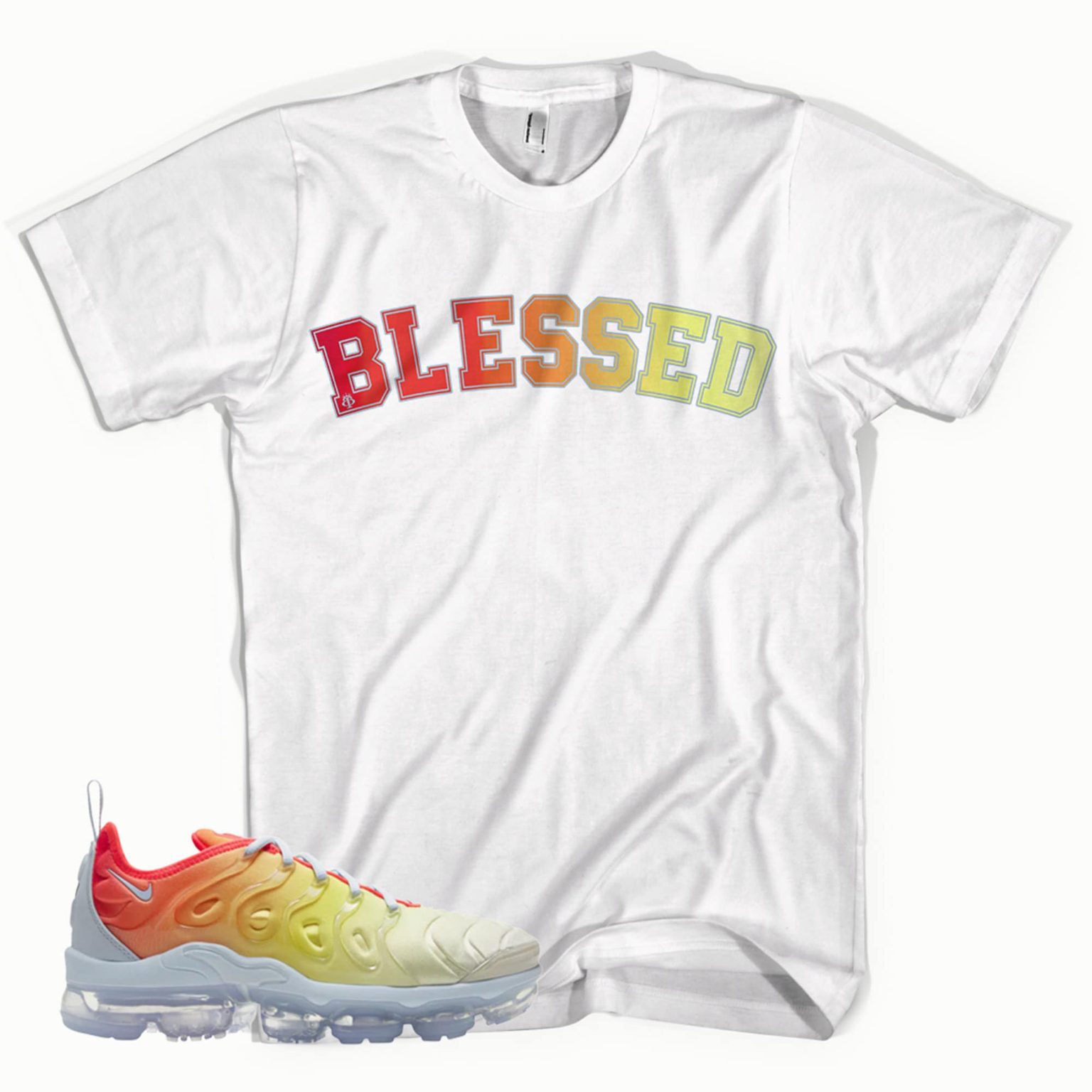 Blessed T-Shirt Matches Air Vapormax Plus Hydrogen Blue/Laser Crimson/Opti Yellow Matching Outfits