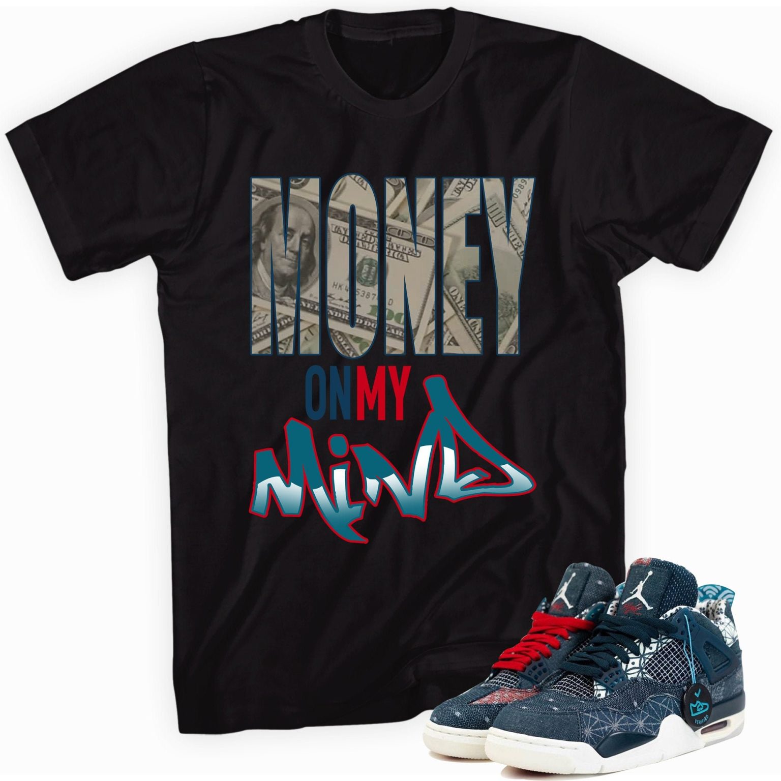 Custom Made to Match - Air Jordan 4 Retro Sashiko Deep Ocean T-Shirt - Money On My Mind Matching Outfits