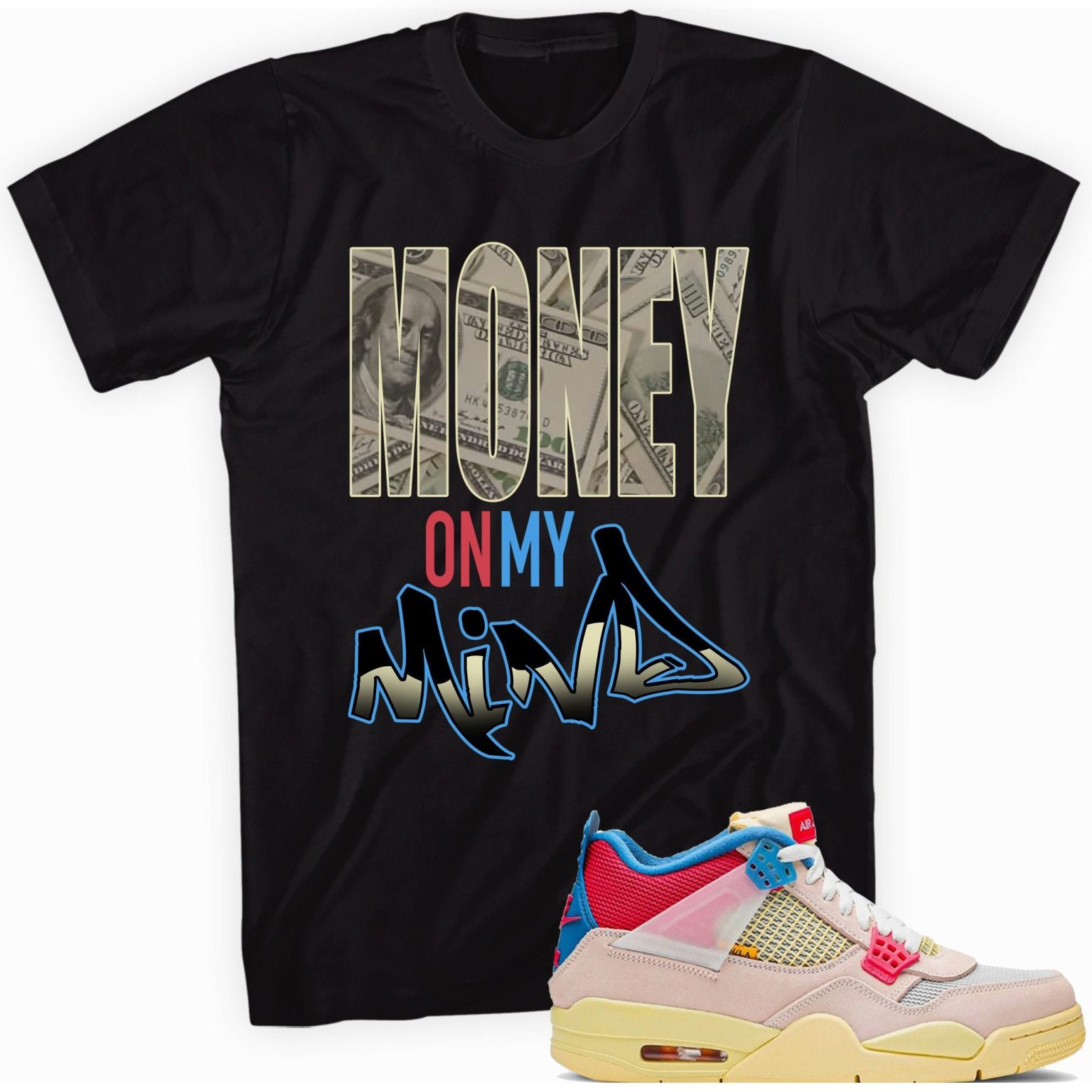 Custom Made to Match - Air Jordan 4 Retro Union Off Noir T-Shirt - Money On My Mind Matching Outfits