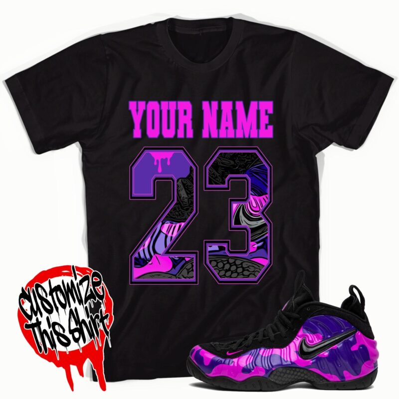 Custom Name Number 23 Unisex Sneaker T-shirt Made for Air Foamposite One Purple Camo Matching Outfits