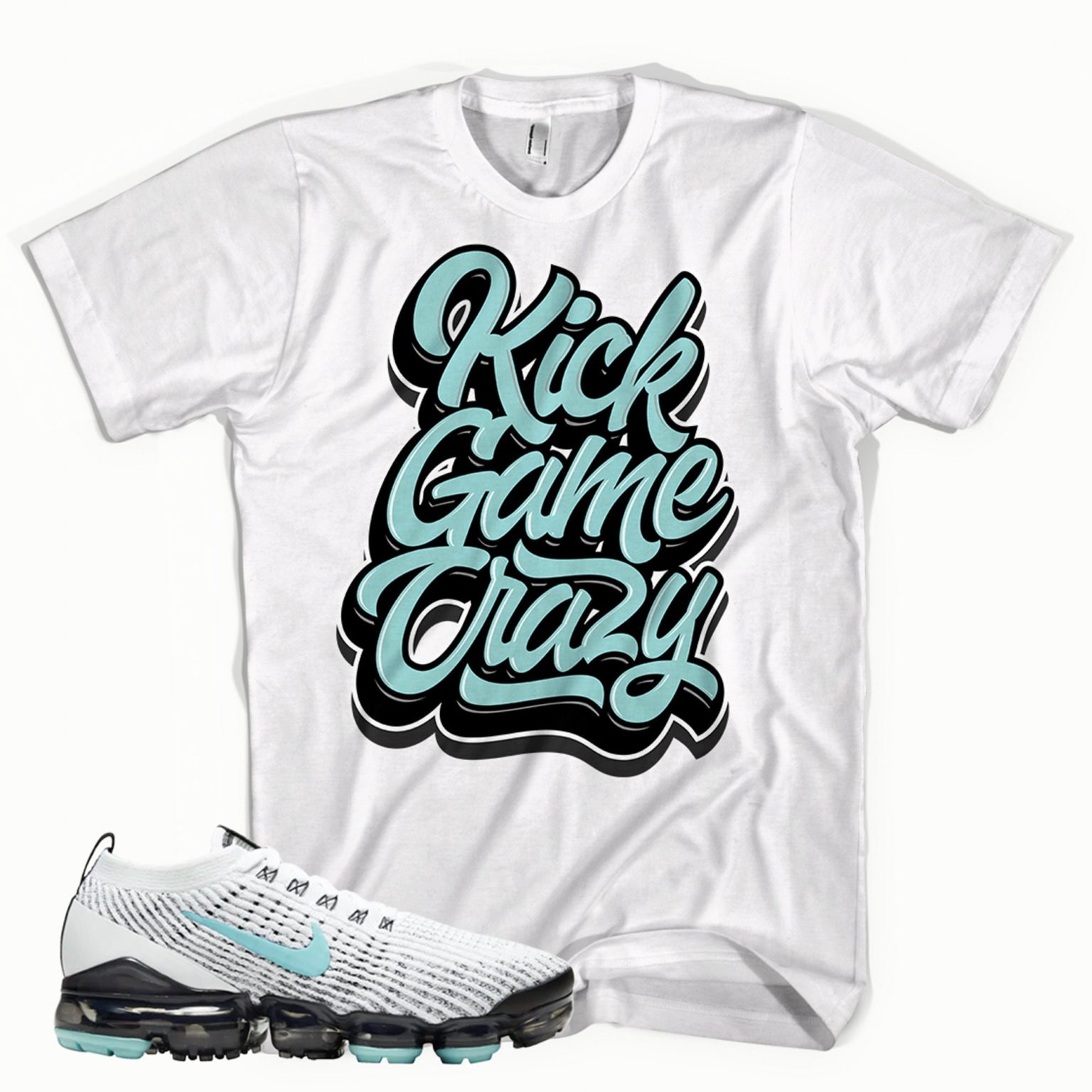 White T-Shirt "Kick Game" Made to Match Air VaporMax 3 FlyKnit White/Aurora Green/Black Matching Outfits