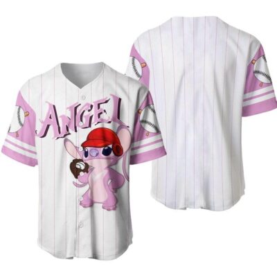 Angel Stitch Girlfriend White Pink Disney Unisex Cartoon Graphic Casual Outfits Custom Baseball Jersey 1