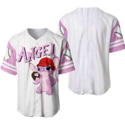 Angel Stitch Girlfriend White Pink Disney Unisex Cartoon Graphic Casual Outfits Custom Baseball Jersey 3