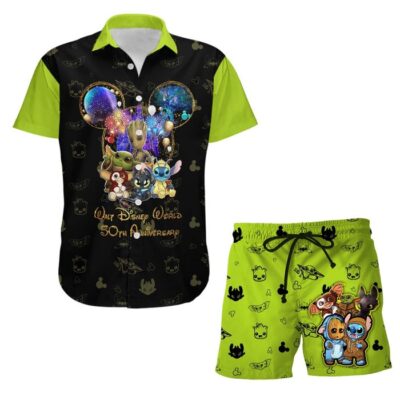 Baby Yoda Friends 50th Anniversary Glitter Castle Disney Hawaiian Summer Vacation Button Down Shirt Shorts Set Unisex Outfits 2