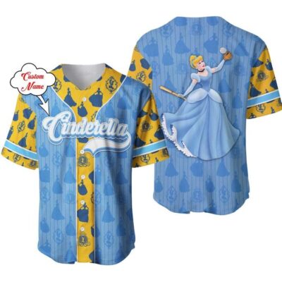 Cinderella Dark Blue Yellow Patterns | Disney Unisex Cartoon Graphic Casual Outfits | Custom Baseball Jersey