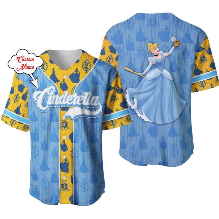 Cinderella-Dark-Blue-Yellow-Patterns-Disney-Unisex-Cartoon-Graphic-Casual-Outfits-Custom-Baseball-Jersey Cinderella Dark Blue Yellow Patterns | Disney Unisex Cartoon Graphic Casual Outfits | Custom Baseball Jersey