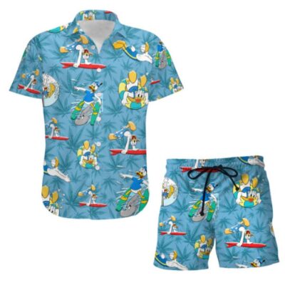 Donald Duck Swimming Summer Tropical Print Disney Hawaiian Button Down Shirt Shorts Set Unisex Outfits 3