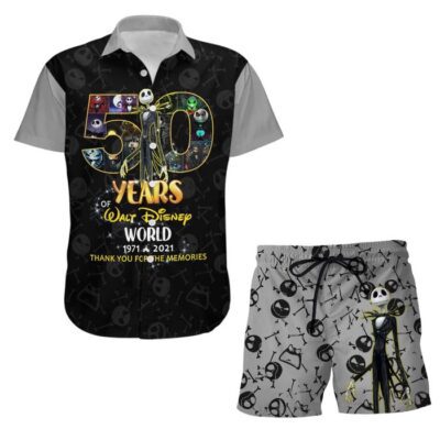 Jack Skellington Gray 50th Anniversary Glitter Castle Disney Hawaiian Summer Vacation Button Down Shirt Shorts Set Unisex Outfits