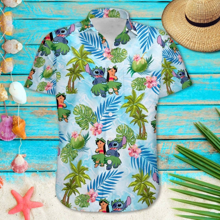 Lilo & Stitch Palm Tree Summer Tropical Print Disney Hawaiian Button ...